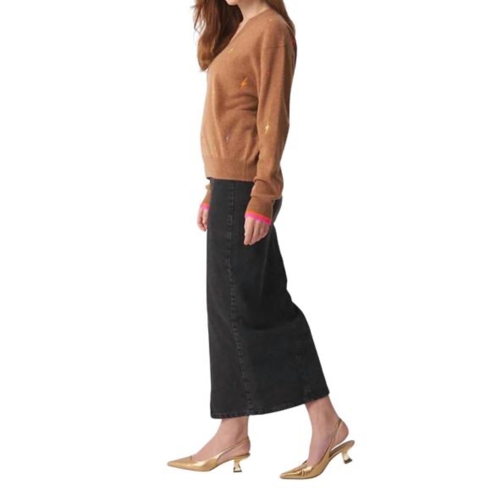 NEW BRODIE CASHMERE lightning bolt v-neck sweater top in chestnut